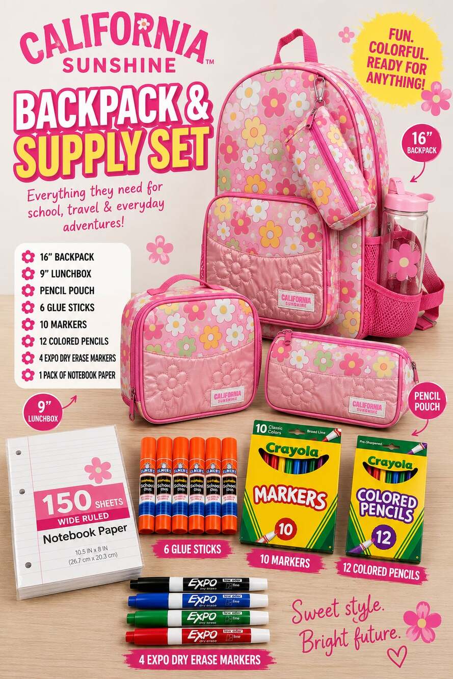 California Sunshine Girls Floral Backpack 5-piece Set PLUS School Supply Bundle